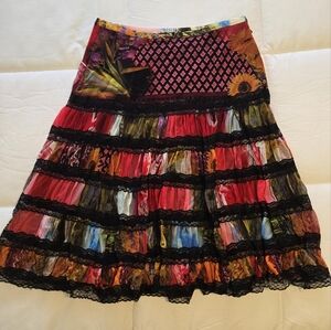 Simon Chang Floral With Lace Tiered A-Line Skirt